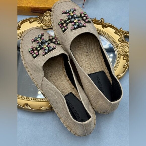 🆕 TORY BURCH 🧿 NWOB Ines Linen & Leather Bejewelled Espadrilles - Sz 8 M - Picture 9 of 11